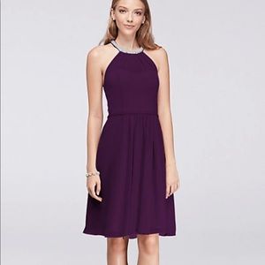 short chiffon dress with beaded illusion neckline